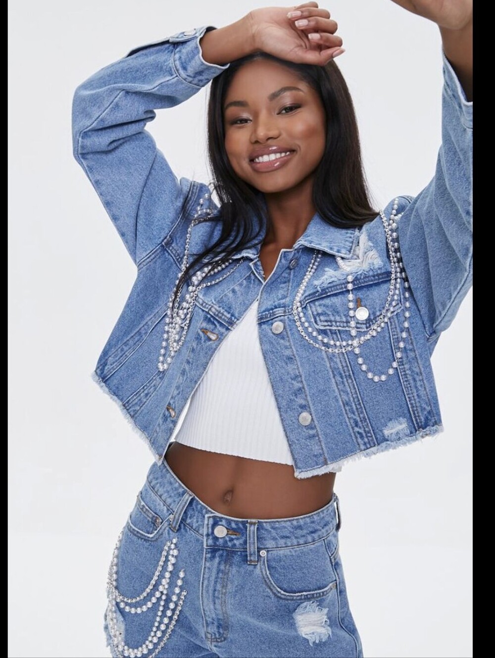 Forever 21 Distressed Pearl Rhinestone Chain Cropped Denim Jacket Small NWT